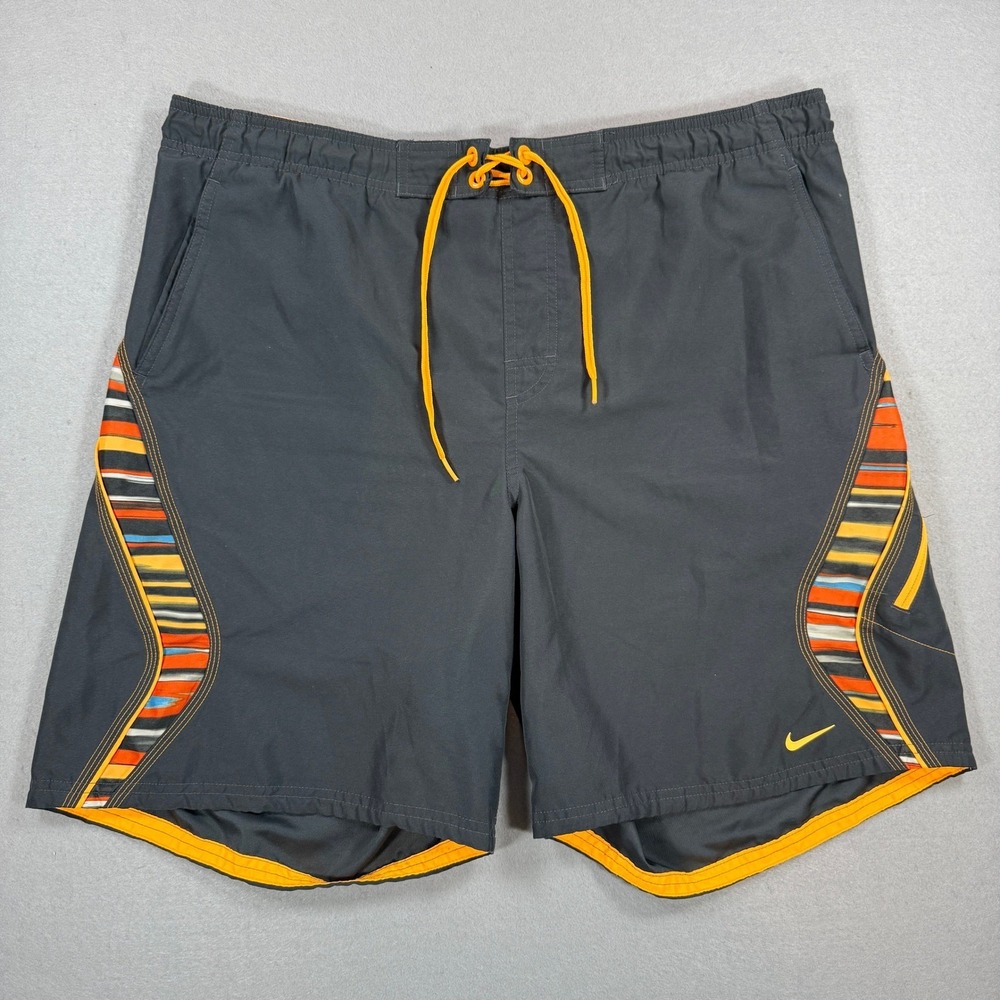 Nike Swim Trunks Mens XL Gray Board Shorts Striped Mesh Lined Drawstring